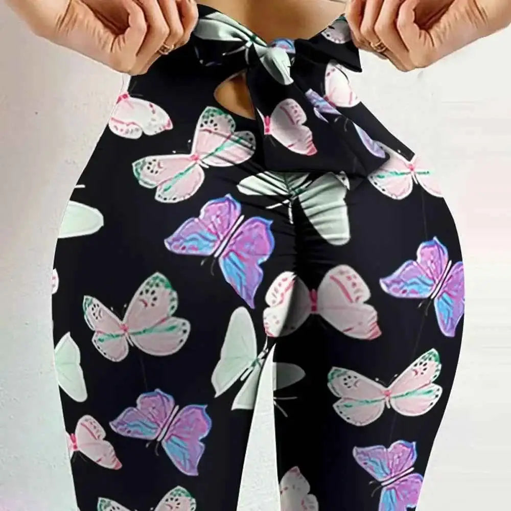 Stylish women's bowknot yoga pants featuring colorful butterfly prints for comfort and fashion