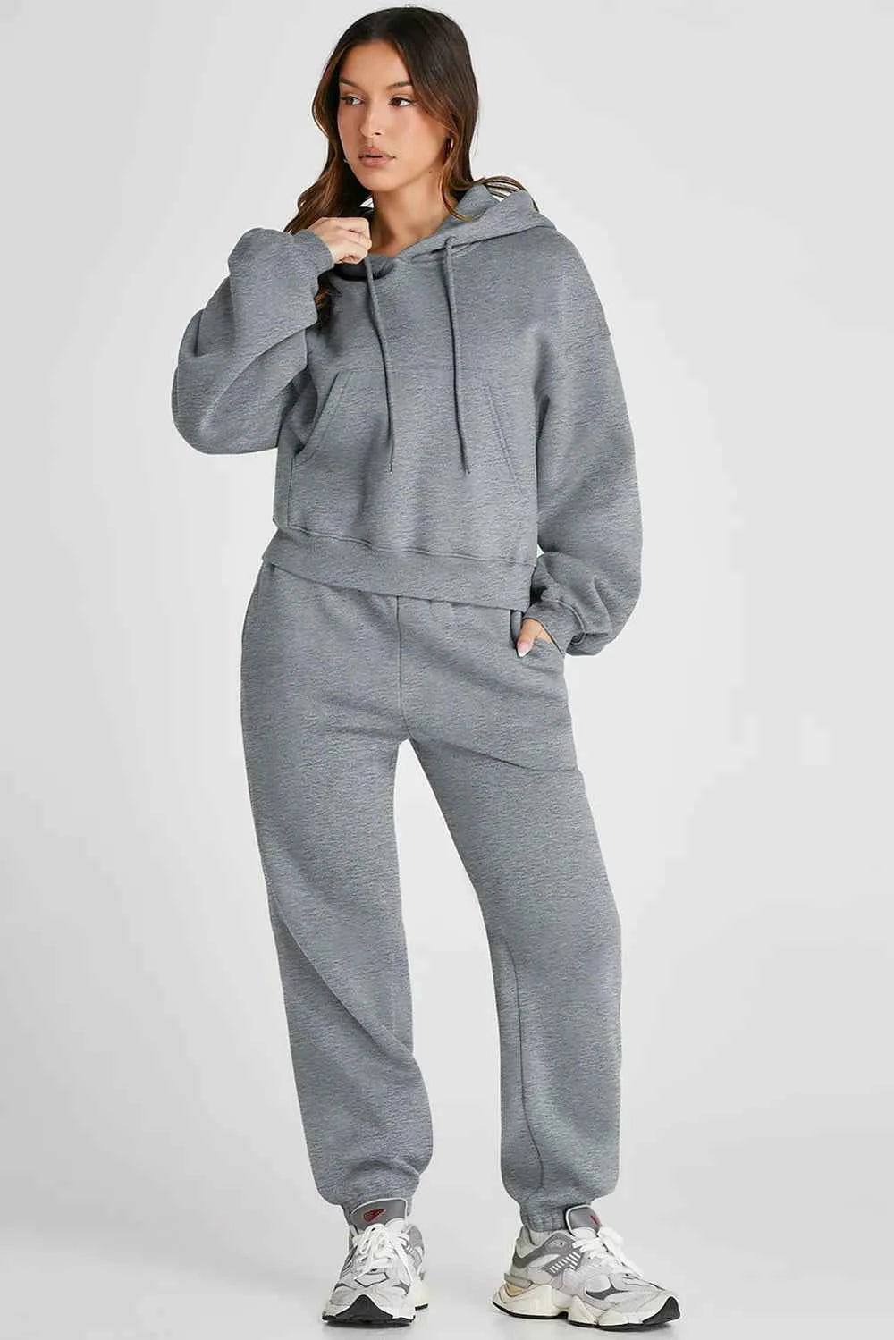 Trendsi women's casual activewear set featuring a gray hoodie and matching sweatpants for comfortable styling