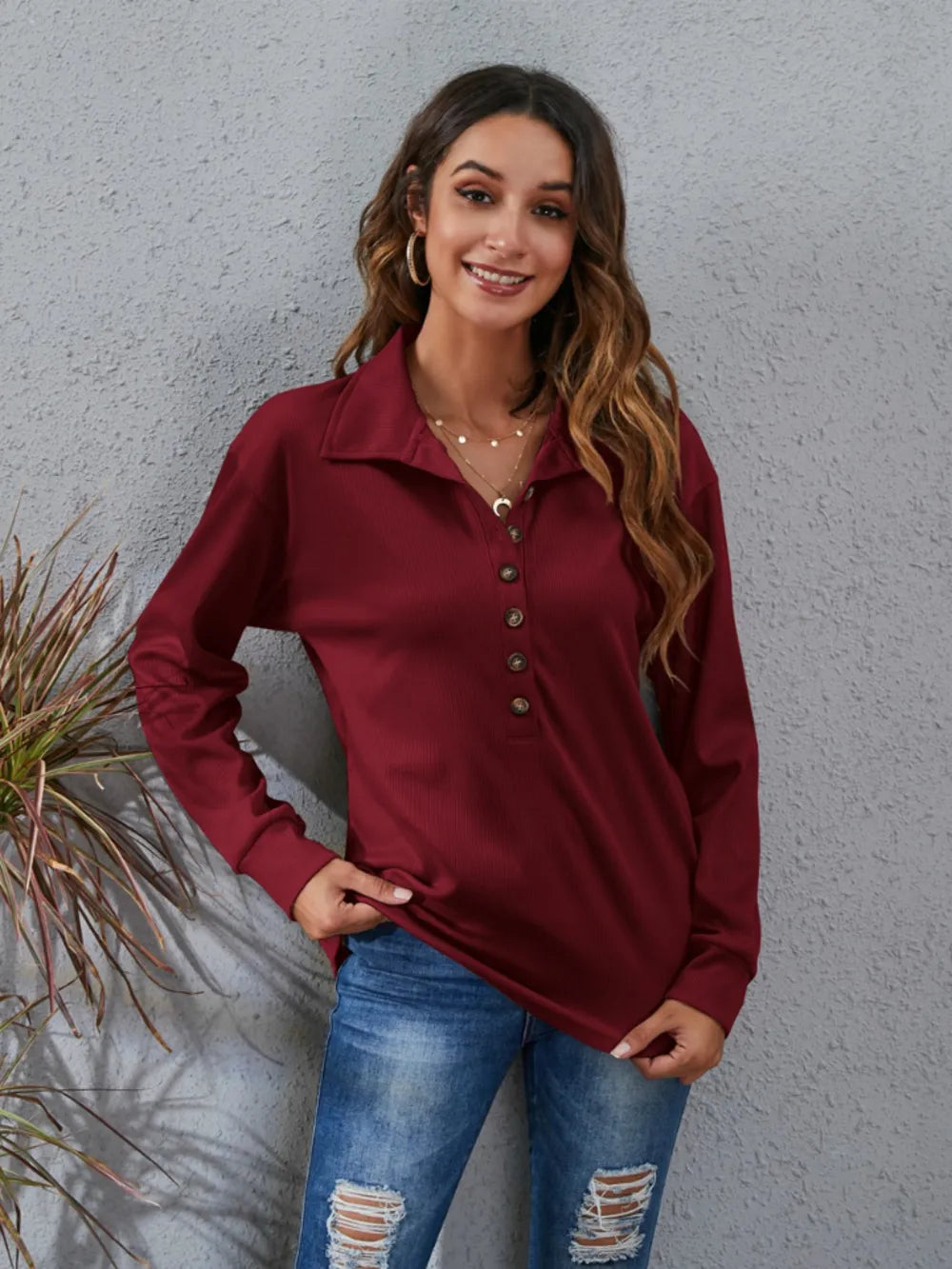 Burgundy women's classic blouse with a button-down front and long sleeves for casual styling