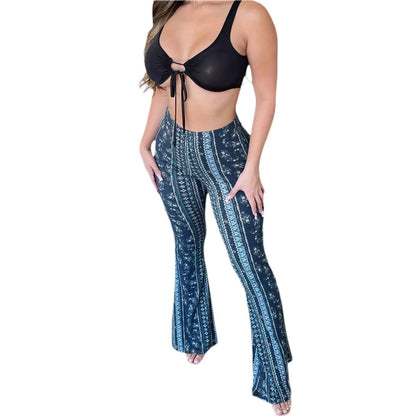 Women's High Waist Straight Leg Trousers Slim Fit Casual Floral Print Party Streetwear Spring Fashion Blue
