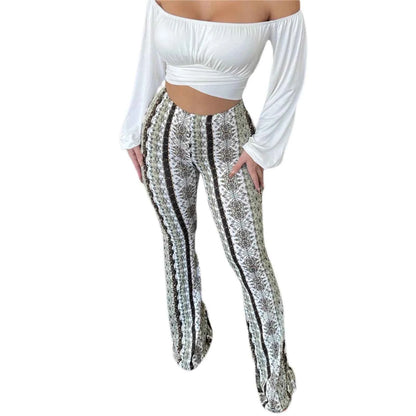 Women's High Waist Straight Leg Trousers Slim Fit Casual Floral Print Party Streetwear Spring Fashion WHITE