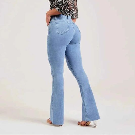 Stylish women's vintage denim pants in light blue with a flattering fit and flared legs