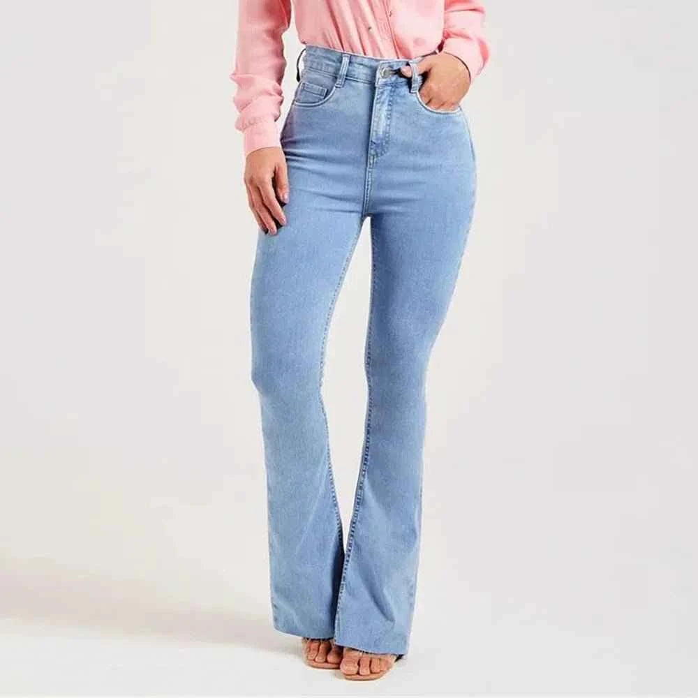 Womens vintage denim pants in light blue with a high waist and flared leg for a retro look