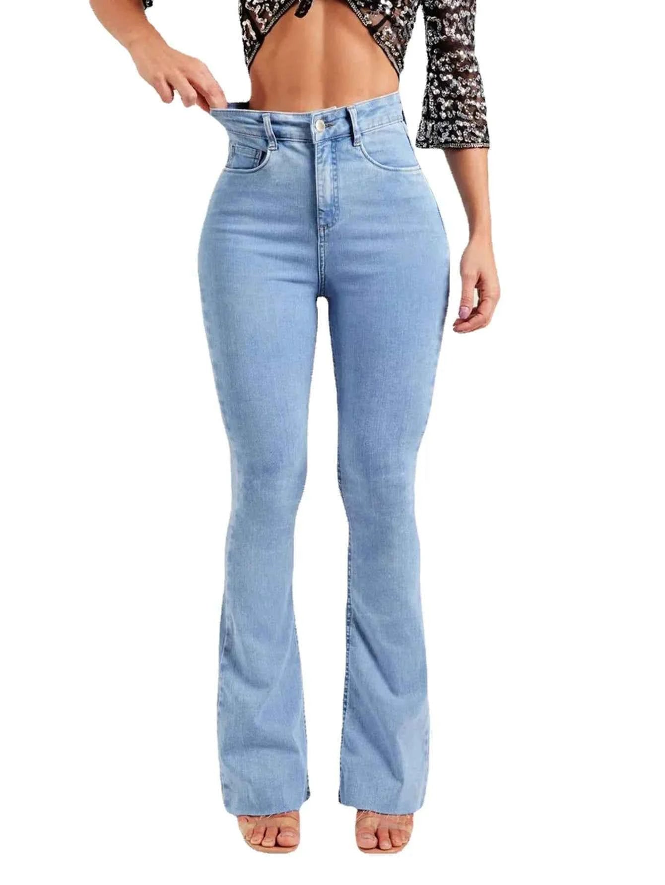 Women's vintage denim pants in light blue with a high-waisted flared design for a retro look