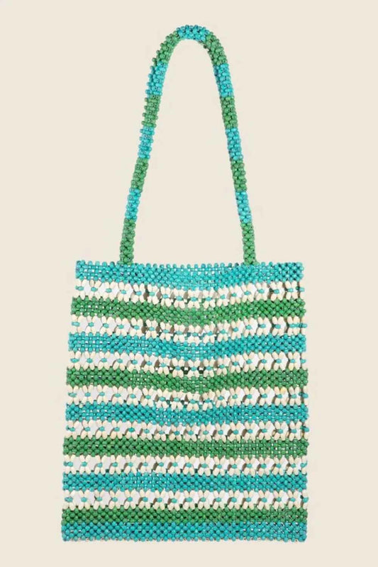Colorful wooden beaded tote bag with blue, green, and white stripes for stylish summer outings